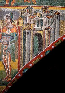 Kristen konst: "Tillbedjan av Magi"". Detalj av landskapet. Mosaik från 400-talet. Triumfbåge, basilikan Santa Maria Maggiore (Heliga Maria Major), Rom. av Byzantine