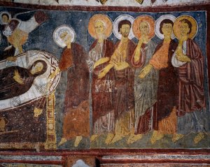 Jungfruns sovande bland apostlar, detalj, bysantinsk fresk (1200-talet), Gulsehir Karsi Kilise (S:t Johannes kyrka), Goreme (Unescos världsarvslista av Byzantine