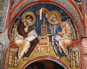 Evangelister Mark och Johannes som skriver evangelier, Karanlik Kilise (Dark Church) (1100-1200-talet), Goreme (Unescos världsarvslista) av Byzantine