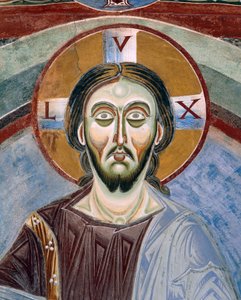 Ansikte av Kristus Pantocrator, Detalj av romanska fresker i bysantinsk stil, sent 1000-tal, kapellet Saint Eldrad och Saint Nicholas, Novalesa Abbey, Piemonte, Italien av Byzantine