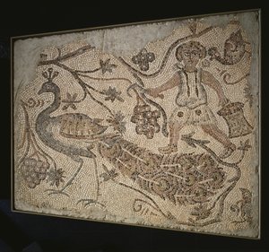 Golvmosaikpanel: Druvskördare med påfågel, 400-tal av Byzantine