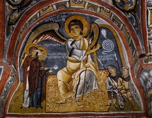 Heliga kvinnor vid graven och ängelns utseende, bysantinsk fresk (1100-talet), Karanlik Kilise (Dark Church) (1100-1200-talet), Goreme (Unescos världsarvslista av Byzantine