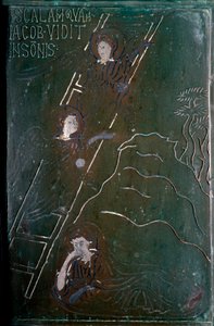 Jakob ser i dröm änglarna stiga upp och ner på bronsdörrsskalan tillverkad i Konstantinopel 1076. Monte Sant 