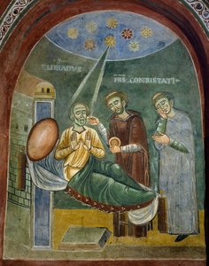 Saint Eldrad döende tar emot nattvarden, detalj från berättelserna om Saint Eldrad, romansk fresk, bysantinsk stil, sent 1000-tal, kapellet Saint Eldrad och Saint Nicholas, Novalesa Abbey, Piemonte, Italien. av Byzantine