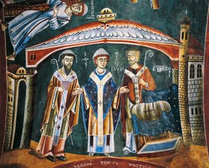 Sankt Nikolaus Vigde biskop av Myra, detalj från berättelserna om Sankt Nikolaus, romansk fresk, bysantinsk stil, sent 1000-tal, kapellet Sankt Eldrad och Sankt Nikolaus, Novalesa Abbey, Piemonte, Italien. av Byzantine