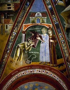 St Nicola, berättelser om livet för St Eldrad och St Nicholas, St Eldrado vände sig mot St James of Compostela: tar emot en klostervana från Abbot of Novalesa, detalj av Byzantine