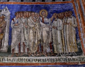 St. Paul lägger händerna på nydöpt, bysantinsk fresk i tvärskeppet av Tokali Kilise (Buckle Church) (1100-1200-talet), Goreme (Unescos världsarvslista av Byzantine