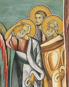 Tre personer i en kyrka, Panagia tou Araka, bysantinska, Troodosbergen, Cypern av Byzantine