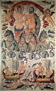 Bysantinsk konst: Neptunus och amfitrits triumf. Neptunus och Amphitrite nakna på en stridsvagn avfyrad av fyra sjöhästar. Mosaik från 300-talet. Mått: 3,1x1,96m. Louvren, Paris