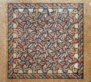 Mosaikgolv från bema-området i den tidiga bysantinska kyrkan i Shiloh, Västbanken, 380-420 AD (mosaik) av Byzantine Byzantine