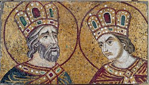 Den romerske kejsaren Konstantin I, med Saint Helene, hans mor (mosaikdetalj)