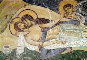 Bysantinsk konst: "Klagan över Kristi död"" Målares fresk från 1100-talet. Detalj. Nerezi, San Pantaleimone, Macedoine av Byzantine School
