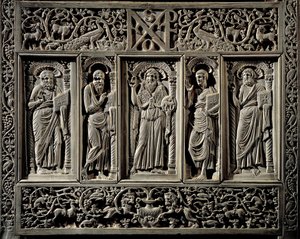 Bysantinsk konst: "" Johannes Döparen och de fyra evangelisterna"" underlägsen detalj av ordföranden för eveque of Ravenna Maximien (546-554) trone biskopsstol (cathedra) i elfenben, realiserar förmodligen en Constantinople Ravenna, Museo Arcivescovile (by av Byzantine School