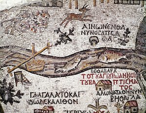 Bysantinsk konst: äldsta kartan över Palestina. Detalj som visar floden Jordan och dess mynning vid Döda havet. Mosaik från 600-talet. Madaba, St. George-kyrkan av Byzantine School