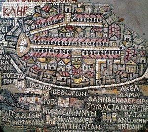 Bysantinsk konst: äldsta kartan över Palestina. Detalj som representerar Jerusalem. Mosaik från 600-talet. Madaba, St. George-kyrkan av Byzantine School