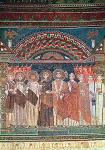 Konstantin IV (654-85) beviljar biskop Reparatus privilegier för kyrkan i Ravenna, 671-77 (mosaik) av Byzantine School