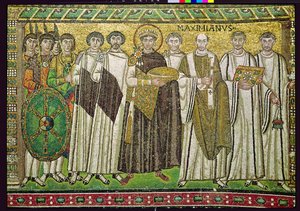 Kejsar Justinian I och hans följe av tjänstemän, vakter och präster, c.547 AD (mosaik)