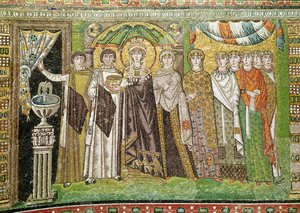 Kejsarinnan Theodora med sitt hov av två ministrar och sju kvinnor, ca 547 AD (mosaik)