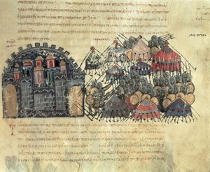 MMS Vitr. 26-7 bysantiner som belägrar Messina, från Madrid Skylitzes (vellum) av Byzantine School
