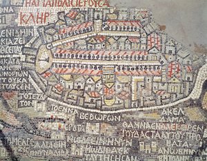Staden Jerusalem och det omgivande området, detalj från Madabas mosaikkarta, bysantinskt, 600-talet (mosaik)