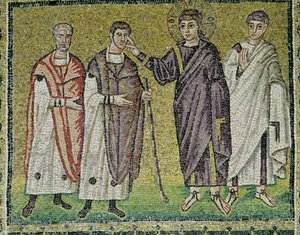 Helbredelsen af to blinde mænd fra Jeriko, scener fra Kristi liv (mosaik) av Byzantine School