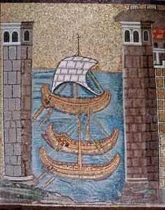 Utsikt över båtar i hamnen i Class (Detalj av mosaiker, 600-talet) av Byzantine School