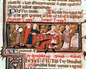 Bröllopsscen, makarna är täckta med en duk, symbol för deras förening Miniatyr hämtad från Justinian Code (Codex Justinianus), en samling lagar och institutioner som redigerades under den romerske kejsaren Justinianus I av Bysans (483-565) ms. 824 Mila av Byzantine School