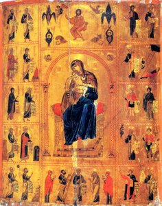 Jungfru och barn med heliga, tidigt 1100-tal. av Byzantine icon.