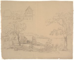 Landskap med gård vid en sjö. F.o.t.v. en bondgård av C.A. Lorentzen