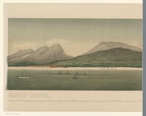 Utsikt över Greater Acehs kust, med flottan från den första Aceh-expeditionen utanför kusten, del tre The Greater Aceh Road (titel på objekt) av C.A. Whitten