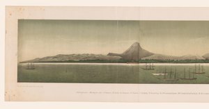 Utsikt över Greater Acehs kust, med flottan från den första Aceh-expeditionen, bestående av fyra delar, utanför kusten Roadstead of Great Aceh (titel på objekt) av C.A. Whitten