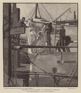 Förberedelser för drottning Victoria vid Portsmouths varv (gravyr) av C.A. Wilkinson