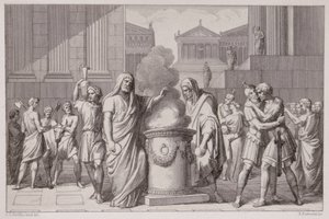 Mötet mellan Camillus och Manlius efter gallernas reträtt, graverad av B. Barloccini, 1849