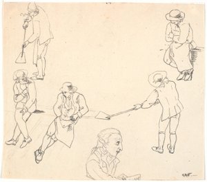 Skiss med sex mansfigurer, två med spadar, tre sittande och en mansprofil av C.D. Fritzsch