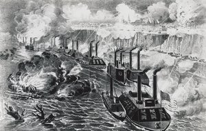 Amiral David Dixon Porters flotta kör rebellblockad på Mississippi i Vicksburg den 16 april av J.B. and Brown J. Rowbotham