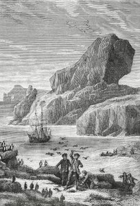 Upptäckten av Austral-Frankrike (Kerguelen-öarna) av den franske upptäcktsresanden Yves-Joseph de Kerguelen-Tremarec (1734-1797), februari 1772, gravyr, Indiska oceanen, territorium för franska södra och antarktiska länder