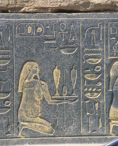Egypten, Karnak, Hatshepsuts röda kapell, gyllene relief, vinoffer
