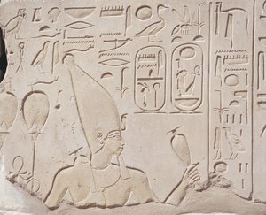 Egypten, Karnak, Hatshepsuts röda kapell, relief av vinoffer till Hatshepsut