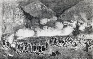 General Giacomo Medicis division attackerar Levico Terme, Trentino-Alto Adige, juli 1866, tredje frihetskriget, gravyr, Italien av J.B. and Brown J. Rowbotham