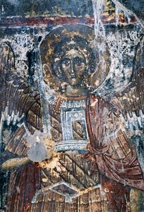Häst, skadad freskomålning i taket i Agios Vasileios kyrka, Vavouledo, Kreta, Grekland (foto) av J.B. and Brown J. Rowbotham