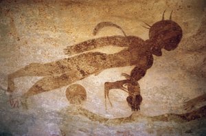 Människofigur i stil med män med runda huvuden, grottmålning, Tassili n