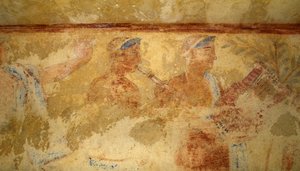 Musiker, fresco, detalj, Tomb of the Blue Demons, Necropolis of Tarquinia (UNESCOs världsarvslista, 2004), Lazio, Italien. Etruskisk civilisation, 500-talet f.Kr. (foto) av J.B. and Brown J. Rowbotham