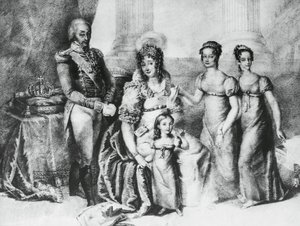 Porträtt av Victor Emmanuel I, kung av Sardinien och hertig av Savojen, Piemonte och Aosta, med sin hustru Maria Theresia av Österrike-Este och hans döttrar, Maria Teresa av Savojen (1803-1879), Maria Anna av Savojen och Maria Cristina av Savojen , gravyr av J.B. and Brown J. Rowbotham