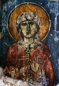 Saint, fresk i den bysantinska kyrkan Agios Georgios Sfakiotis, Diavaide, Kreta, Grekland (foto) av J.B. and Brown J. Rowbotham