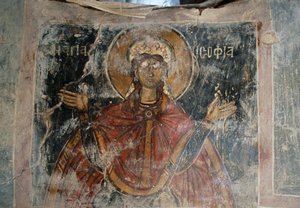 Saint, fresker-väggar i kyrkan Agios Georgios, Komitades, Kreta, Grekland (foto) av J.B. and Brown J. Rowbotham