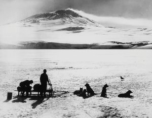 Sydpolsexpedition av Robert Falcon Scott (1868-1912), upptäcktsresande före vulkanen Erebus på ön Ross, 15 januari av J.B. and Brown J. Rowbotham