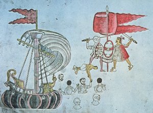 Spanska soldater från Hernan Cortes vadar iland 1519 för att slåss mot aztekerna, kopierat från Codex Azcatitlan, ca 1550 (färg litho) av J.B. and Brown J. Rowbotham