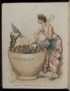 Assimilationens murbruk - And the One Element That Wont Mix, illustration från Puck Magazine, 26 juni, 1889 av C.J. Taylor