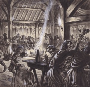 En festmåltid i en anglosaxisk thegns hall (gouache på papper) av C.L. Doughty