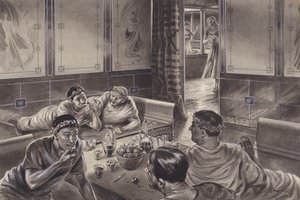 Angloromaner äter i triclinium (gouache på papper)